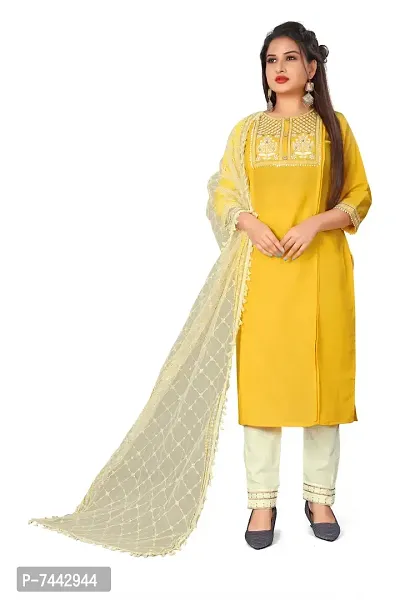 Elite Yellow Cotton Embroidered Kurta with Pant And Dupatta Set For Women