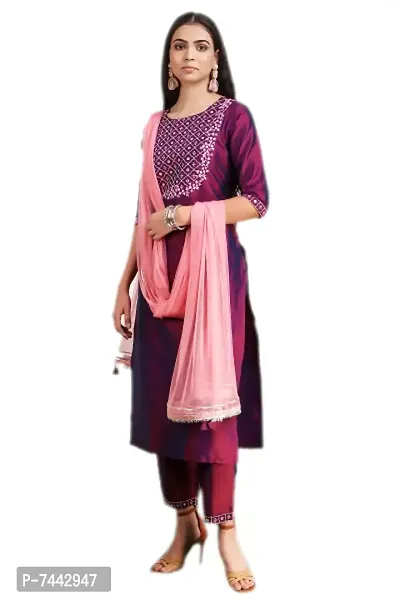 Elite Purple Cotton Embroidered Kurta with Pant And Dupatta Set For Women-thumb4