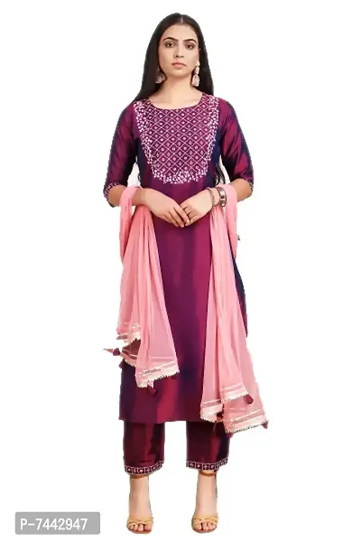 Elite Purple Cotton Embroidered Kurta with Pant And Dupatta Set For Women