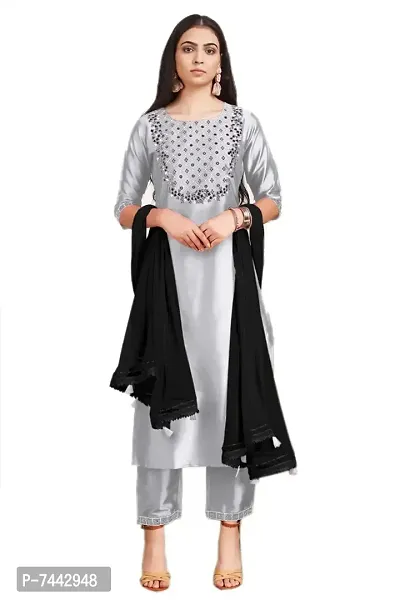 Elite Grey Cotton Embroidered Kurta with Pant And Dupatta Set For Women
