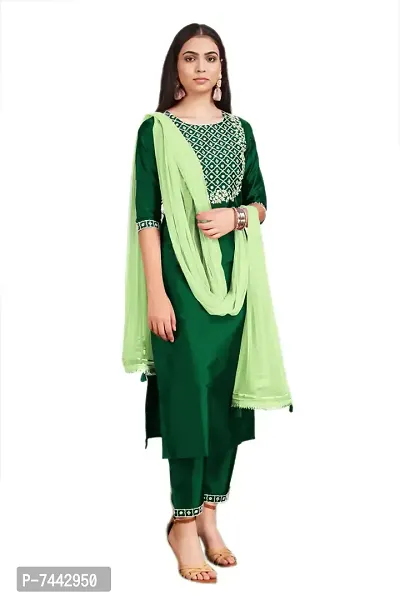 Elite Green Cotton Embroidered Kurta with Pant And Dupatta Set For Women-thumb3