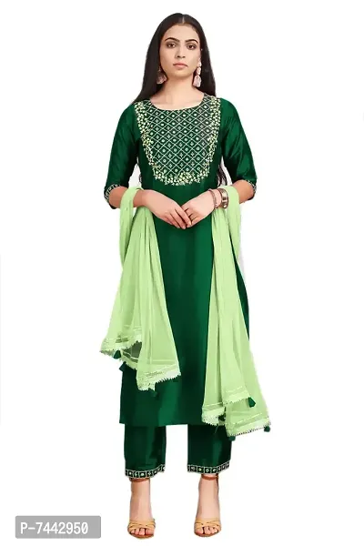 Elite Green Cotton Embroidered Kurta with Pant And Dupatta Set For Women-thumb0