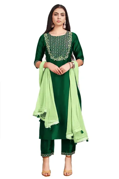 Stylish Silk Blend Embroidered Kurta Pant Dupatta Set