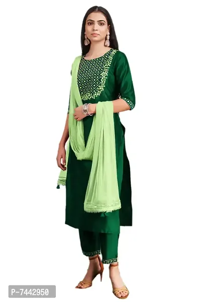 Elite Green Cotton Embroidered Kurta with Pant And Dupatta Set For Women-thumb4