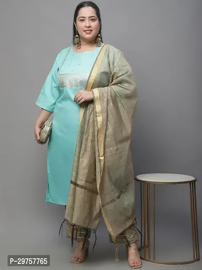 Stylish Turquoise Cotton Blend Kurta, Bottom And Dupatta Set For Women-thumb0