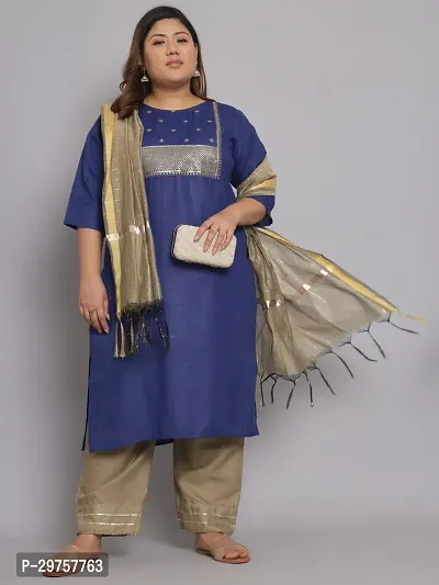 Stylish Blue Cotton Blend Kurta, Bottom And Dupatta Set For Women-thumb0