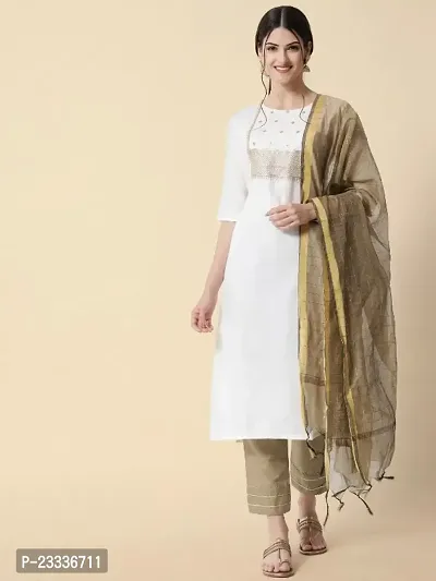 Cotton Blend Sequence Kurta Pant Dupatta Set For Women