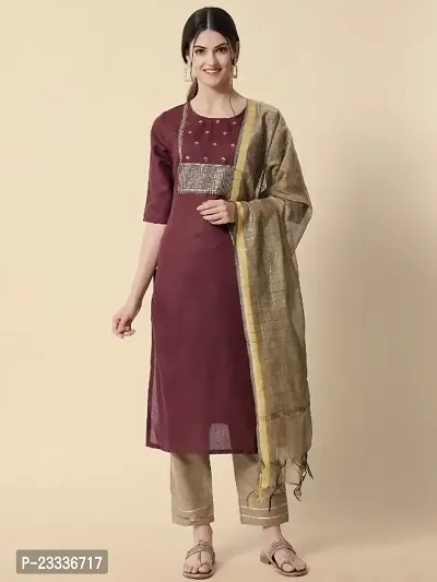 Cotton Blend Sequence Kurta Pant Dupatta Set For Women-thumb0