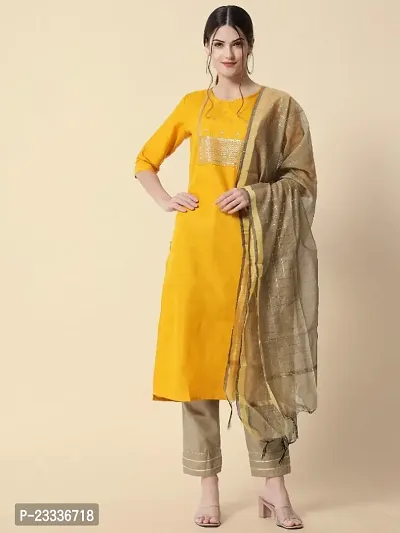 Cotton Blend Sequence Kurta Pant Dupatta Set For Women