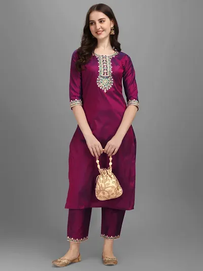 Art Silk Embroidered Kurta Pant Set For Women