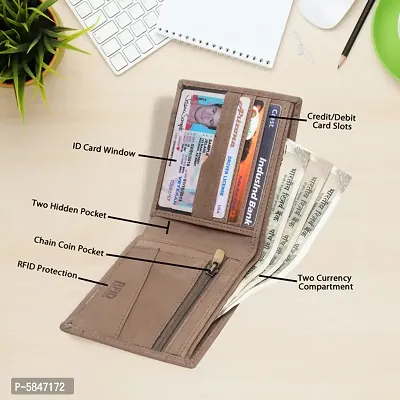 Stylish Khaki Leather Self Design Two Fold Wallet For Men