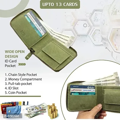 Genuine Leather RFID Zip Around Wallet For Boys, Coin Pocket Trendy Premium Green Leather Zip Wallet-thumb3