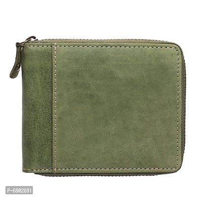Genuine Leather RFID Zip Around Wallet For Boys, Coin Pocket Trendy Premium Green Leather Zip Wallet