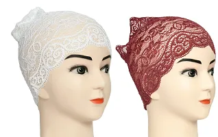 Hijab Headband for Women, Under Hijab Scarf White and Dark Maroon Naqab Headband for Girls (2 Pcs)-thumb1