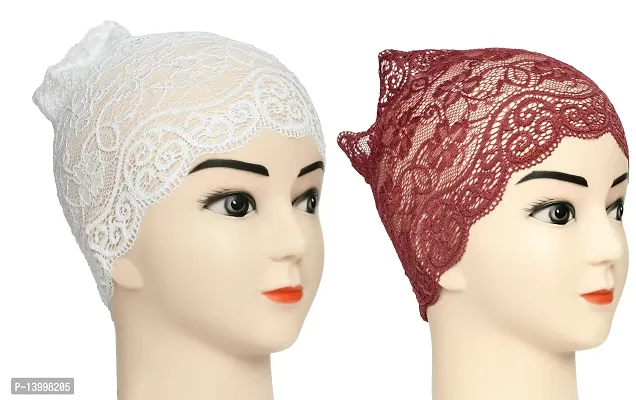 Hijab Headband for Women, Under Hijab Scarf White and Dark Maroon Naqab Headband for Girls (2 Pcs)-thumb2