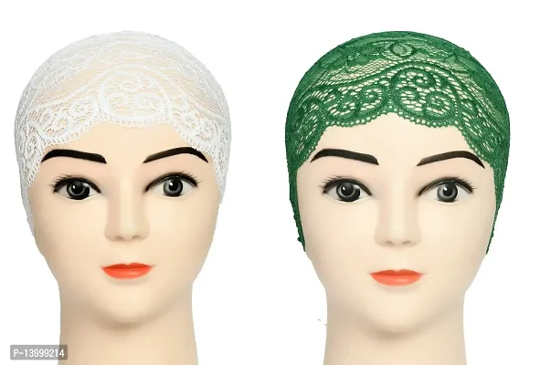 Hijab Headband for Women, Under Hijab Scarf White and Green Naqab Headband for Girls (2 Pcs)-thumb0