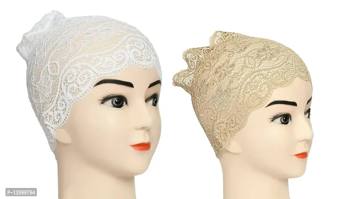 Hijab Headband for Women, Under Hijab Scarf White and Light Beige Naqab Headband for Girls (2 Pcs)-thumb2