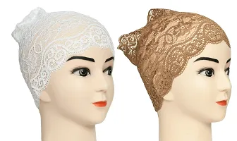 Hijab Headband for Women, Under Hijab Scarf White and Light Brown Naqab Headband for Girls (2 Pcs)-thumb1