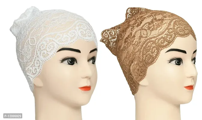 Hijab Headband for Women, Under Hijab Scarf White and Light Brown Naqab Headband for Girls (2 Pcs)-thumb2