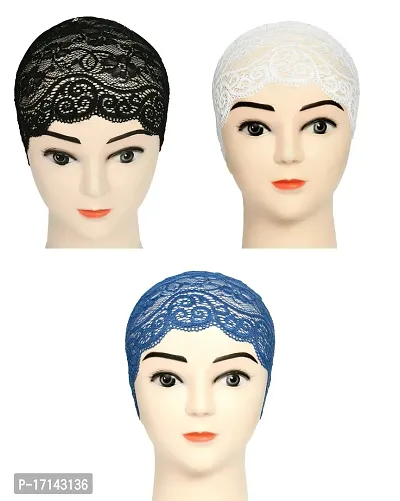 Women's Hijab Cap , Lycra Net Under Scarf Cap,Inner Head Cap for Girls, (3 Pcs-Black|White|Dark Blue)