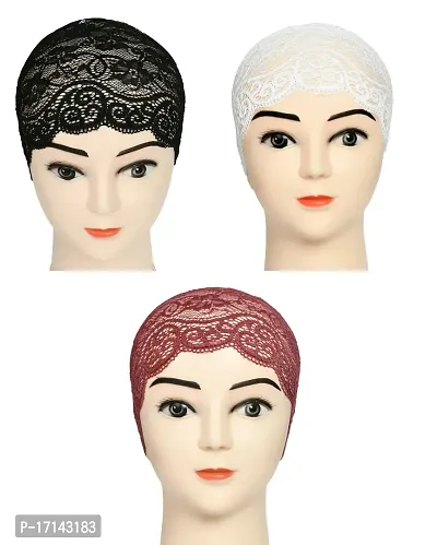 Women's Hijab Cap , Lycra Net Under Scarf Cap,Inner Head Cap for Girls, (3 Pcs-Black|White|Dark Maroon)