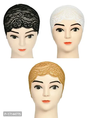 Women's Hijab Cap , Lycra Net Under Scarf Cap,Inner Head Cap for Girls, (3 Pcs-Black|White|Golden)