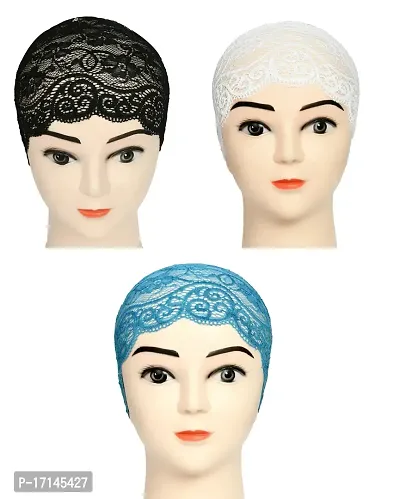 Women's Hijab Cap , Lycra Net Under Scarf Cap,Inner Head Cap for Girls, (3 Pcs-Black|White|Light Blue)