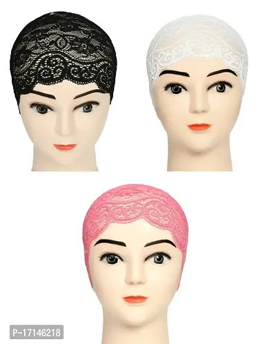 Women's Hijab Cap , Lycra Net Under Scarf Cap,Inner Head Cap for Girls, (3 Pcs-Black|White|Pink)