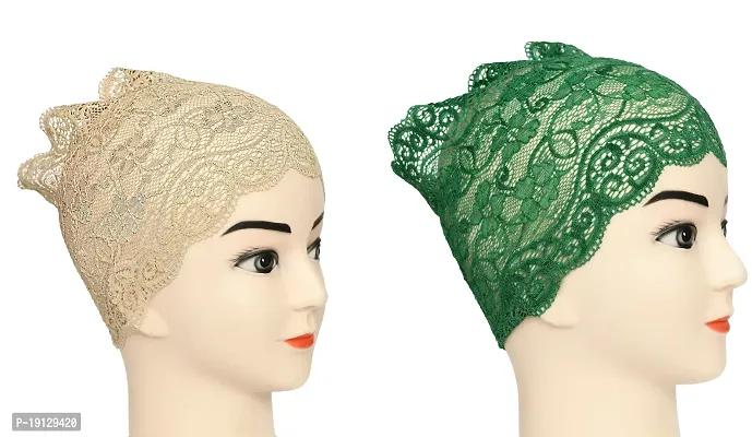 Hijab Headband for Women, Under Hijab Scarf Light Beige and Green Naqab Headband for Girls (2 Pcs)-thumb2