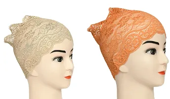 Hijab Headband for Women, Under Hijab Scarf Light Beige and Orange Naqab Headband for Girls (2 Pcs)-thumb1