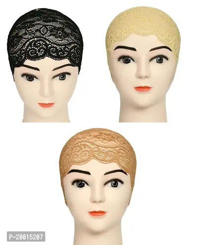 Women's Hijab Cap , Lycra Net Under Scarf Cap,Inner Head Cap for Girls, (3 Pcs-Black|Cream|Copper Brown)-thumb0