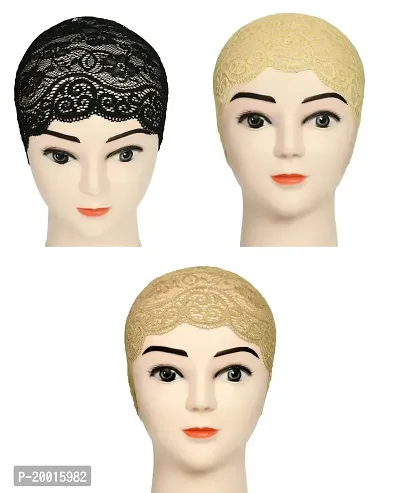 Women's Hijab Cap , Lycra Net Under Scarf Cap,Inner Head Cap for Girls, (3 Pcs-Black|Cream|Dark Beige)