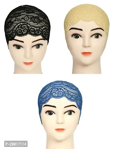 Women's Hijab Cap , Lycra Net Under Scarf Cap,Inner Head Cap for Girls, (3 Pcs-Black|Cream|Dark Blue)-thumb0