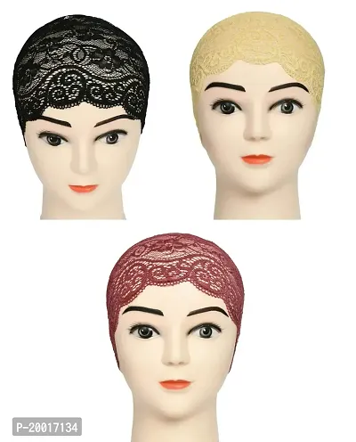 Women's Hijab Cap , Lycra Net Under Scarf Cap,Inner Head Cap for Girls, (3 Pcs-Black|Cream|Dark Maroon)