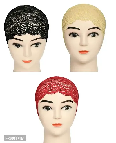 Women's Hijab Cap , Lycra Net Under Scarf Cap,Inner Head Cap for Girls, (3 Pcs-Black|Cream|Dark Red)-thumb0