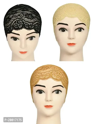 Women's Hijab Cap , Lycra Net Under Scarf Cap,Inner Head Cap for Girls, (3 Pcs-Black|Cream|Golden)