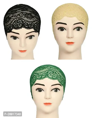 Women's Hijab Cap , Lycra Net Under Scarf Cap,Inner Head Cap for Girls, (3 Pcs-Black|Cream|Green)
