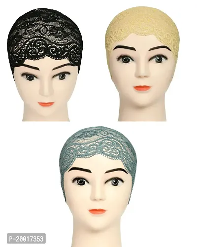 Women's Hijab Cap , Lycra Net Under Scarf Cap,Inner Head Cap for Girls, (3 Pcs-Black|Cream|Grey)