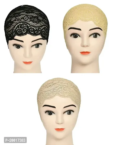Women's Hijab Cap , Lycra Net Under Scarf Cap,Inner Head Cap for Girls, (3 Pcs-Black|Cream|Light Beige)