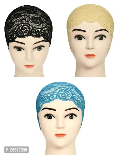 Women's Hijab Cap , Lycra Net Under Scarf Cap,Inner Head Cap for Girls, (3 Pcs-Black|Cream|Light Blue)