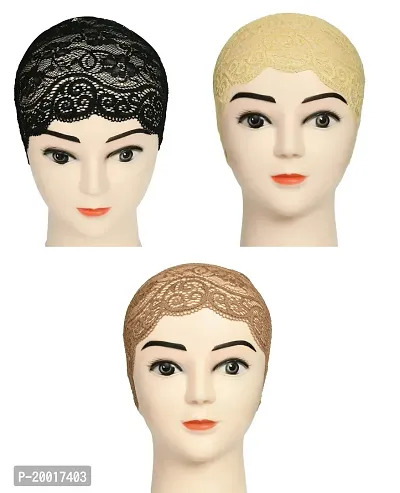 Women's Hijab Cap , Lycra Net Under Scarf Cap,Inner Head Cap for Girls, (3 Pcs-Black|Cream|Dark Brown)-thumb0