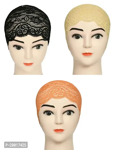 Women's Hijab Cap , Lycra Net Under Scarf Cap,Inner Head Cap for Girls, (3 Pcs-Black|Cream|Orange)