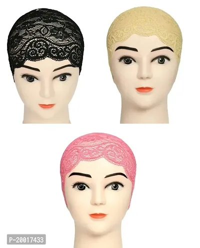 Women's Hijab Cap , Lycra Net Under Scarf Cap,Inner Head Cap for Girls, (3 Pcs-Black|Cream|Pink)