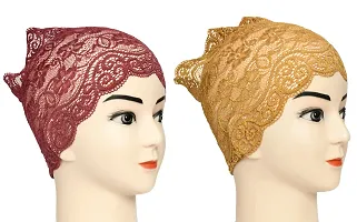 Hijab Headband for Women, Under Hijab Scarf Dark Maroon and Golden Naqab Headband for Girls (2 Pcs)-thumb1