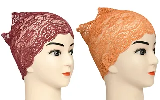 Hijab Headband for Women, Under Hijab Scarf Dark Maroon and Orange Naqab Headband for Girls (2 Pcs)-thumb1