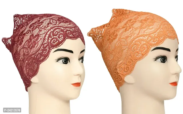 Hijab Headband for Women, Under Hijab Scarf Dark Maroon and Orange Naqab Headband for Girls (2 Pcs)-thumb2