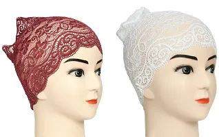 Hijab Headband for Women, Under Hijab Scarf Dark Maroon and White Naqab Headband for Girls (2 Pcs)-thumb1