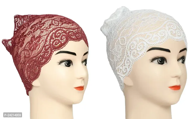 Hijab Headband for Women, Under Hijab Scarf Dark Maroon and White Naqab Headband for Girls (2 Pcs)-thumb2