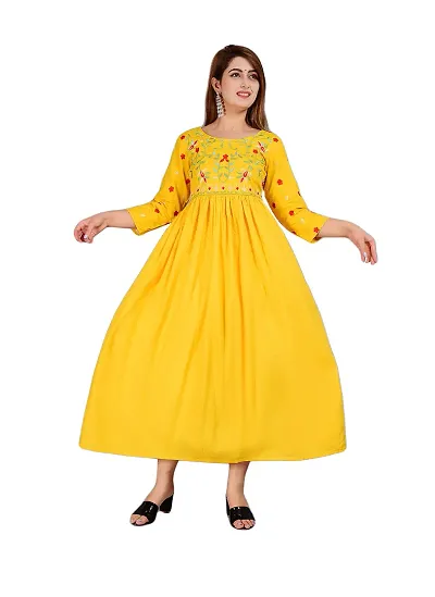 ANWEARO Women Embroidered Viscose Rayon Anarkali Kurta Yellow