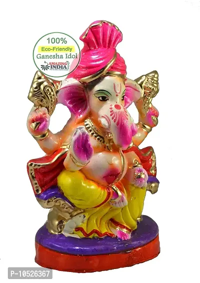 Amazingindiaonline Clay Handicraft Eco Friendly Statue Colorful Indian God Pagdi Ganesh for Ganpati Chaturthi Idol (Multicolour, 7 Inch)-thumb2